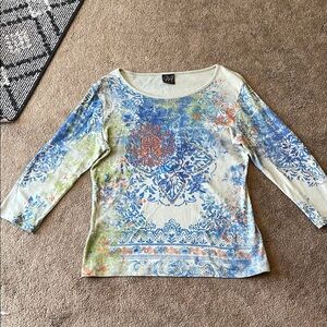 Elegant Blue and Orange Patterned Blouse